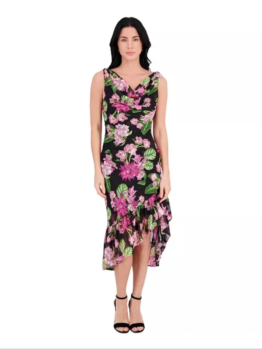 Kensie NWT Black Pink Floral Cowl Neck Ruffle Hem Midi Dress Sz 8 $138: